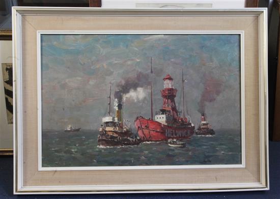 Gyrth Russell (1892-1970) Docking the light ship, Cardiff 20 x 30in.